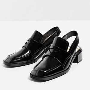Zara Slingback Loafers in Shiny Black Leather, Size 36